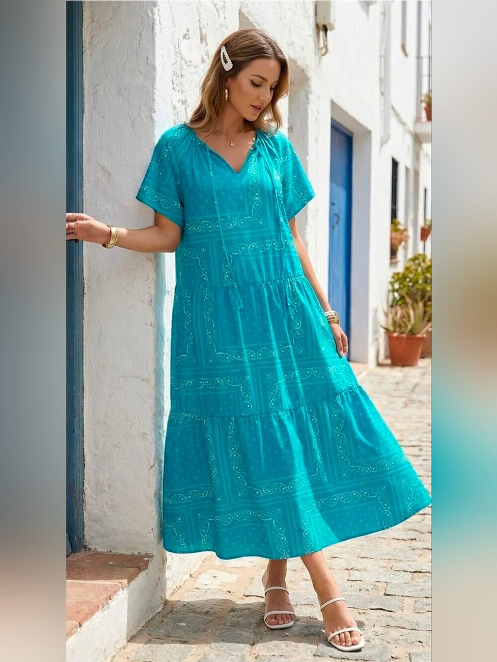Teal Midi Sundress - Women's Boho Beach Dress - Picture 8 of 9